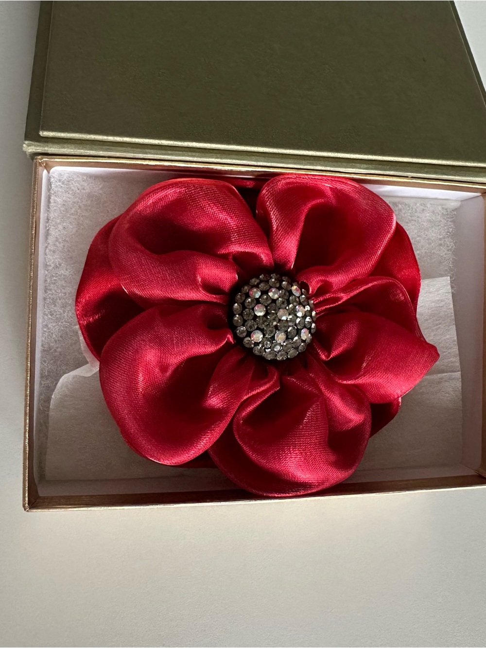 Vintage Inspired Red Satin Flower Brooch with Crystal Center - Women Jewelry